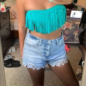 Teal fringe bandeau bikini top